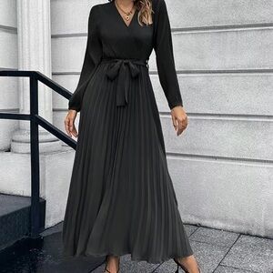 Women Casual Dress V Neck Long Sleeve A Line Pleated Dress Tie Waist Solid